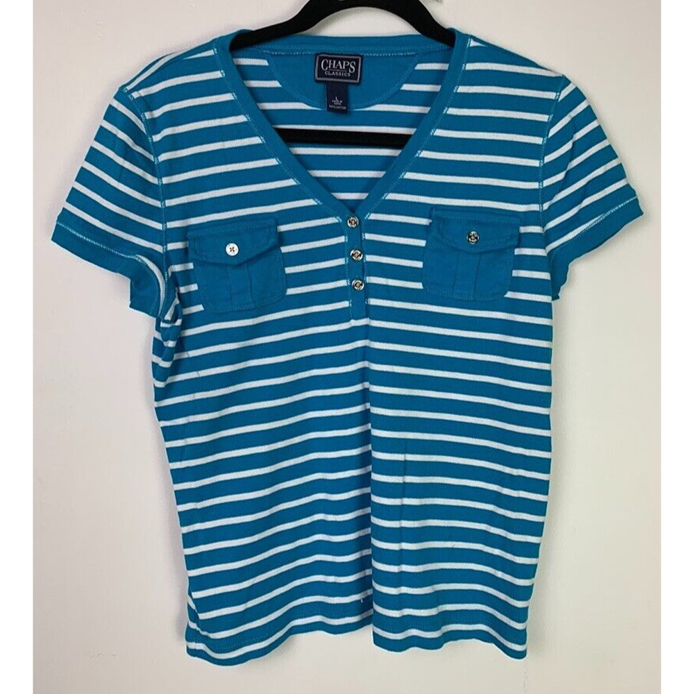 Chaps Womens Striped Blue & White V-Neck Short Sleeve Shirt With Button Accents